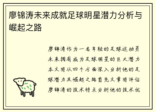 廖锦涛未来成就足球明星潜力分析与崛起之路
