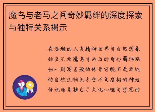 魔鸟与老马之间奇妙羁绊的深度探索与独特关系揭示